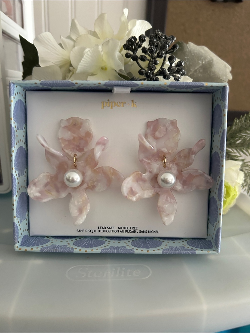 Piper Gold Accented Blush Floral Drop Earrings with Pearl